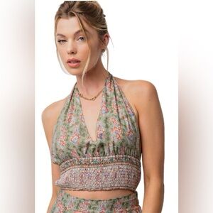 Easel Paisley Print Halter Top New Border Sage